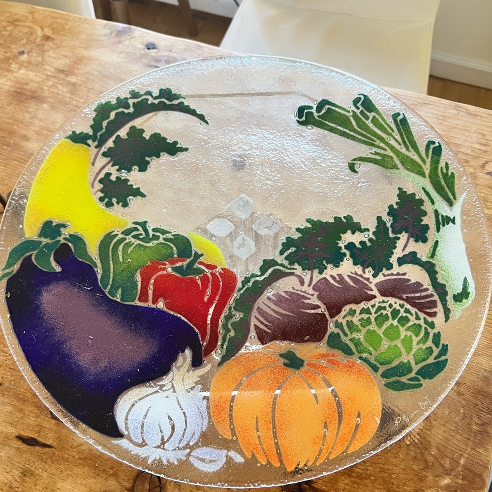 Peggy Karr Large 16” Fused Glass Serving Platter Signed Harvest Vegetable Design
